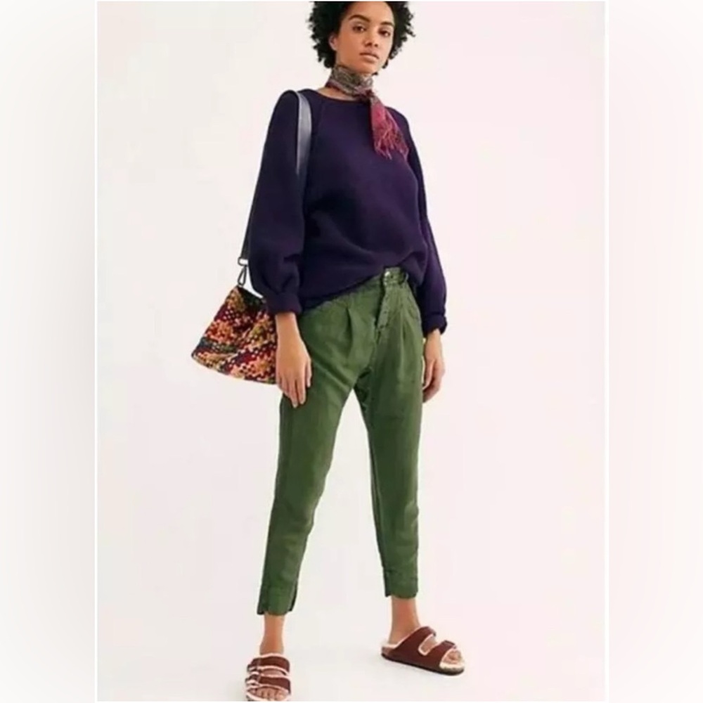 Free People Daytona Boyfriend Harem Pants Green Linen Blend Boho Crop Size 10